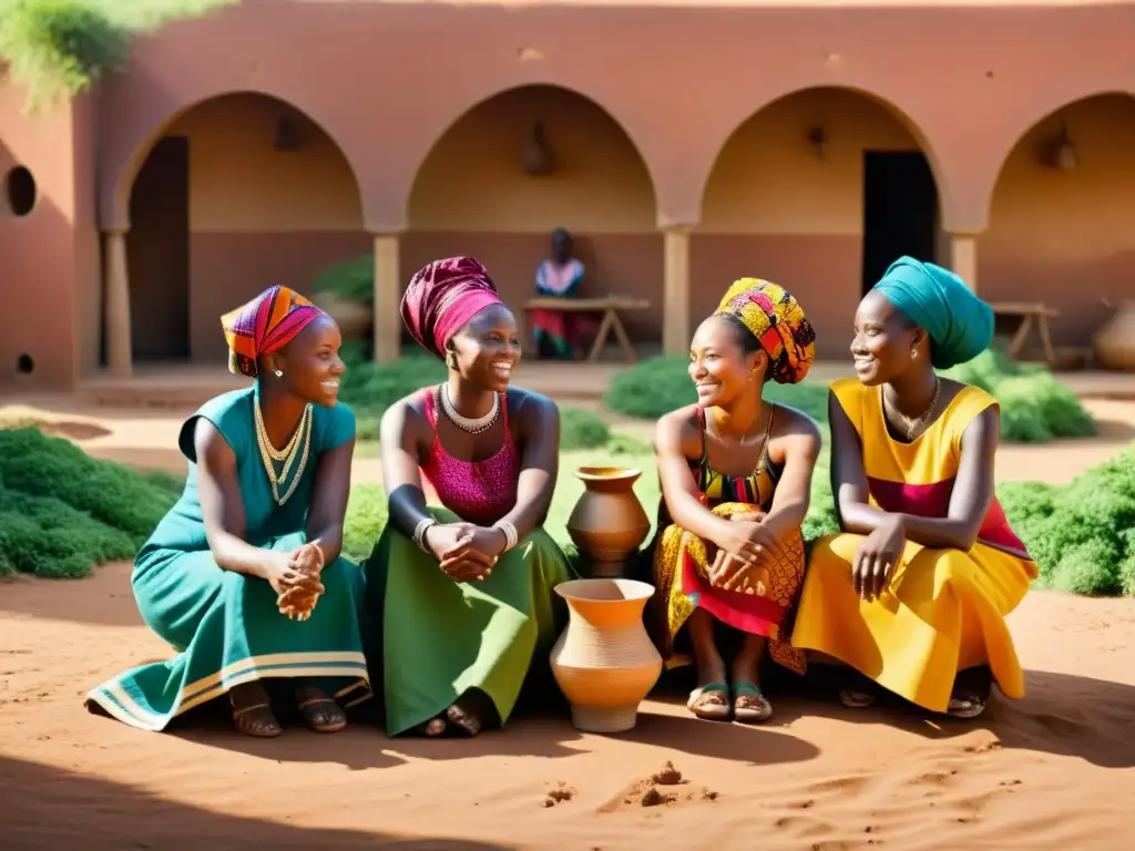 Vibrante escena de mujeres africanas en un patio soleado, tejiendo y contando historias