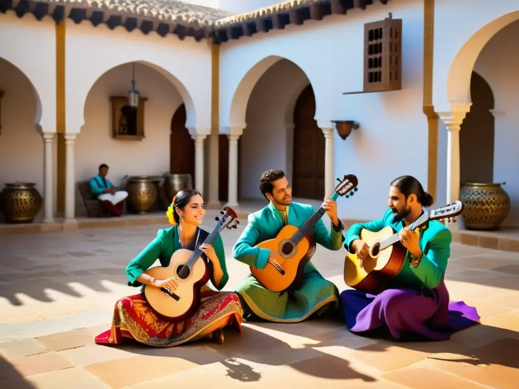 Vibrante escena de músicos andaluces en un patio, simbolizando la influencia de la música andalusí en Europa