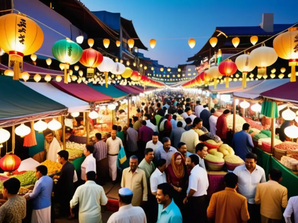 Una vibrante escena nocturna en un bullicioso mercado asiático, iluminado por faroles coloridos, exhibiendo la riqueza cultural del Islam en Asia