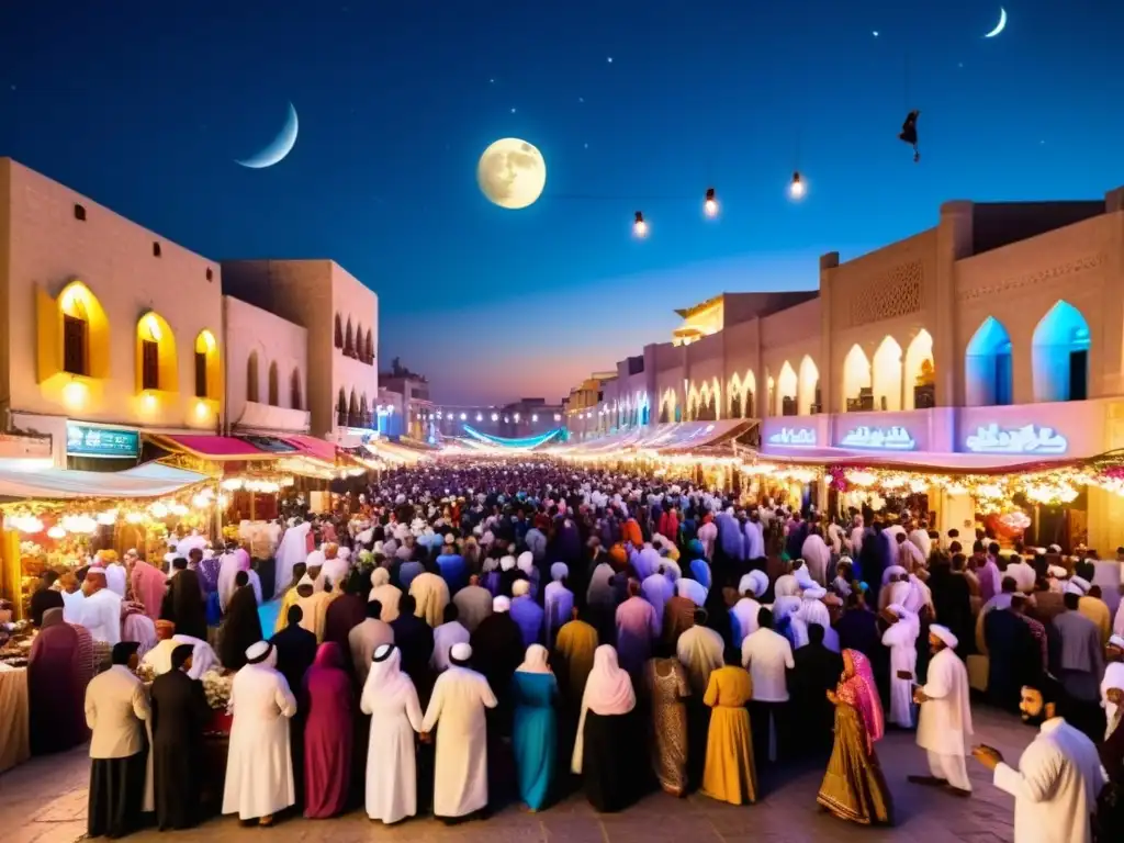 Vibrante escena nocturna en una ciudad del Medio Oriente durante el Ramadán, con música, baile y decoraciones coloridas