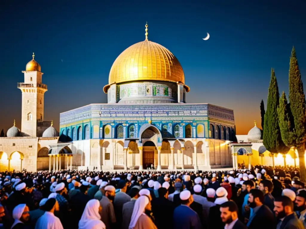 Vibrante escena nocturna en la Mezquita de Al-Aqsa durante el festival islámico La Isra y Mi'raj, con la Cúpula de la Roca brillando en el fondo