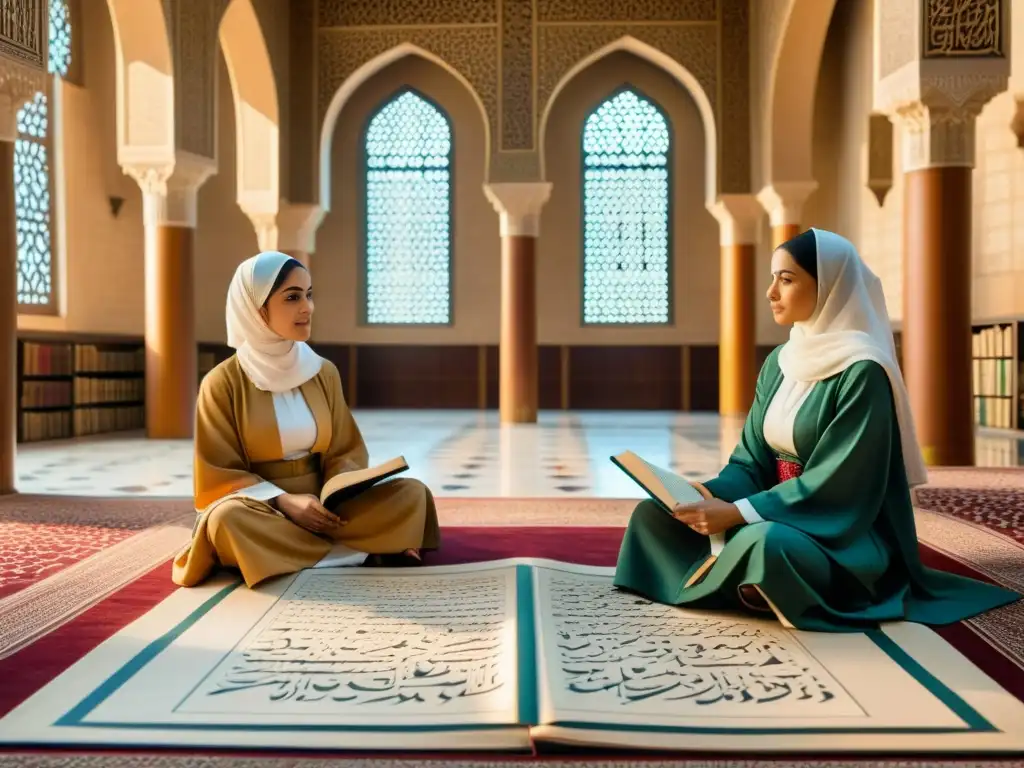 Vibrante escena de poetisas y matemáticas del Islam inmersas en discusión en una biblioteca islámica decorada con patrones geométricos y caligrafía