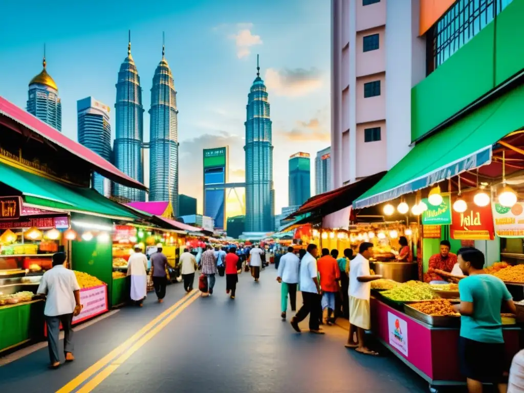 Vibrante escena de puestos de comida halal en Kuala Lumpur, con turistas y lugareños disfrutando de una variedad de platillos