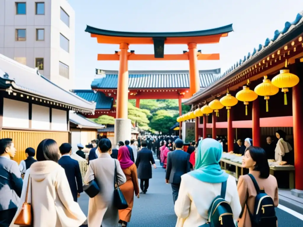 Vibrante escena urbana en Tokio con interacción cultural entre la minoría musulmana y la sociedad japonesa, mostrando prácticas religiosas en armonía