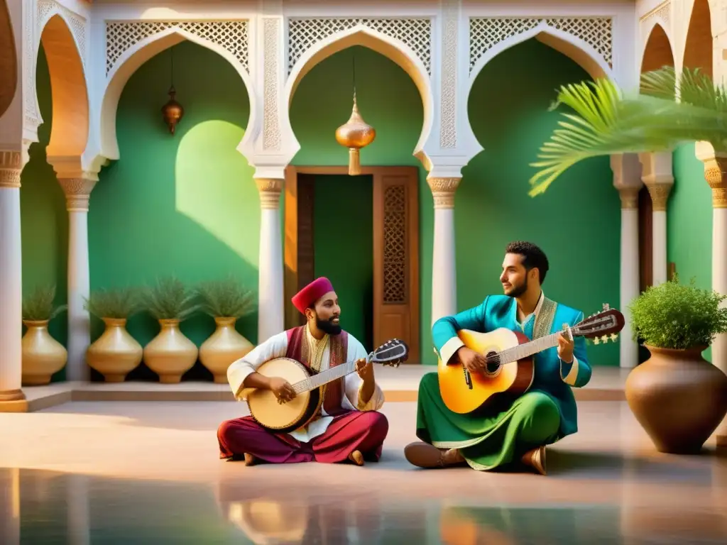 Un vibrante escenario de músicos tocando instrumentos islámicos en un patio bellamente decorado, rodeado de exuberante vegetación y arquitectura morisca