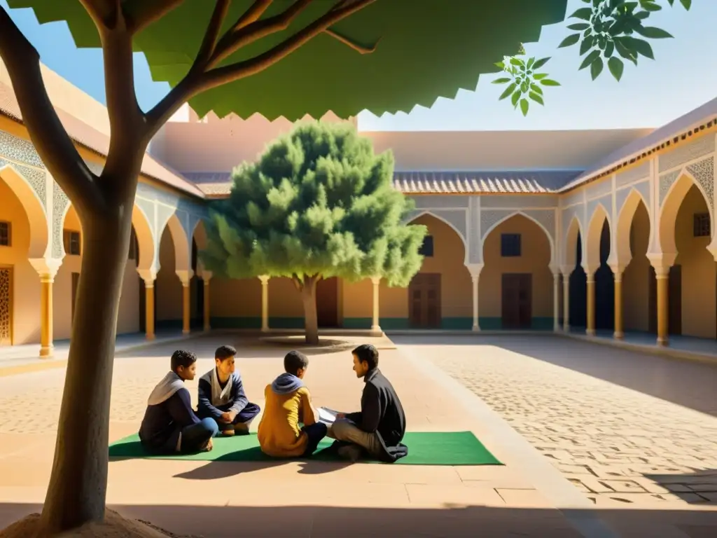 Patio escolar islámico: tradición y modernidad en armonía Vibrante escuela islámica: estudiantes debaten bajo árboles, mezcla de tradición y tecnología