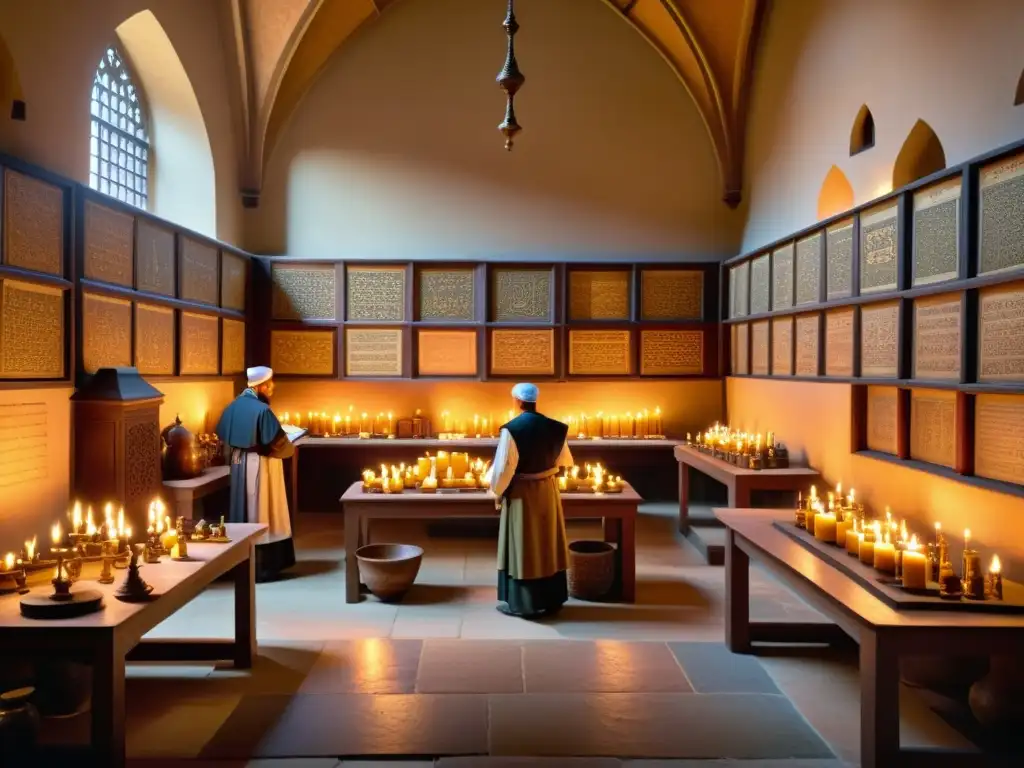Escuela de química islámica medieval: descubrimientos y aprendizaje Vibrante escuela de química en el mundo islámico medieval, con alumnos, experimentos y manuscritos alquímicos, iluminados por luz de velas