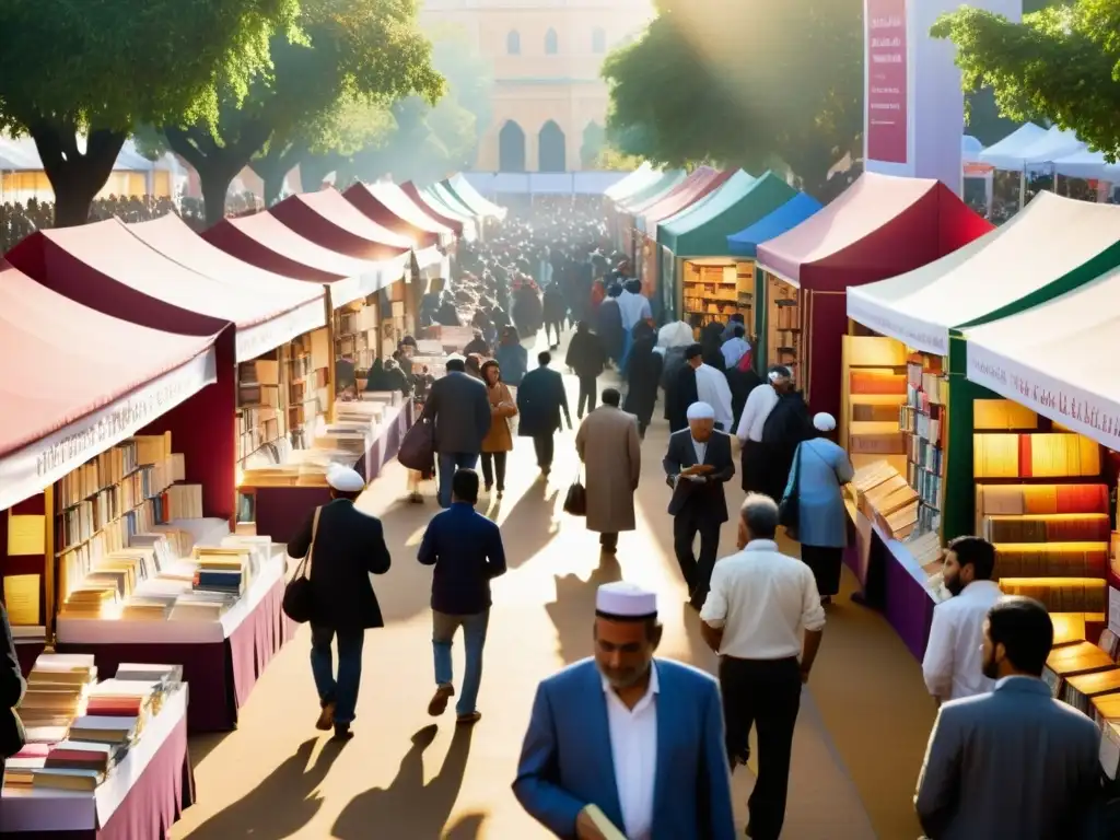 Vibrante feria del libro contemporáneo del mundo islámico, con diversidad cultural y diversidad étnica, bañada por cálida luz dorada