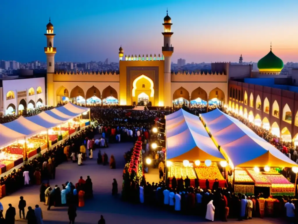 Vibrante feria musulmana durante Mawlid anNabi, con puestos de colores y arquitectura islámica