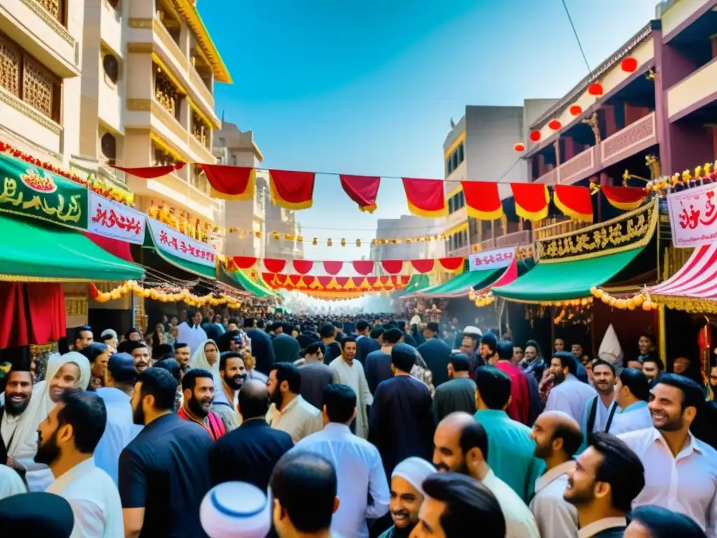 Vibrante festival Ashura Islam chiíta: bulliciosa calle llena de color, música, baile y preparación de alimentos