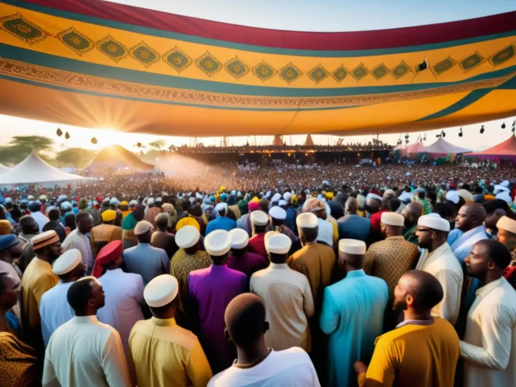 Vibrante festival de música en África con músicos y espectadores disfrutando de la música islámica tradicional en un ambiente festivo y colorido