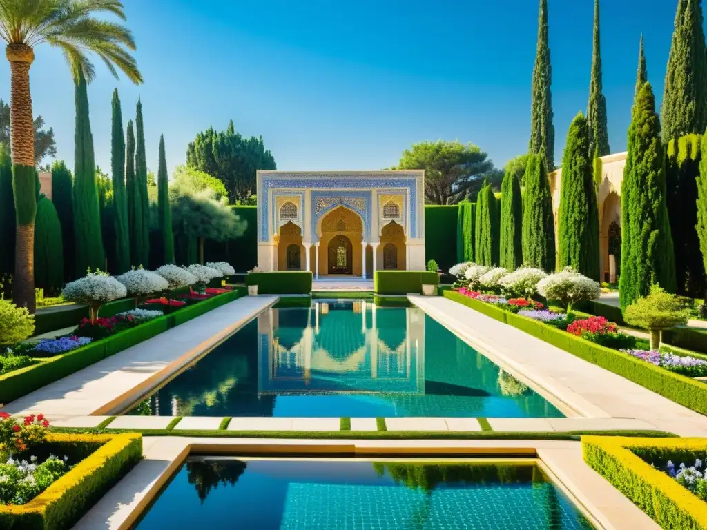 Vibrante jardín persa con flores en plena floración, patrones geométricos de azulejos y una piscina central