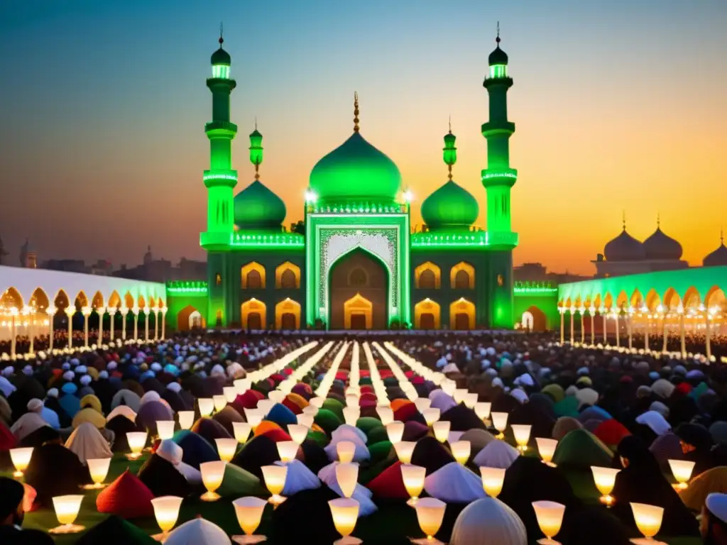 Conmemorando Milad un Nabi: Celebración vibrante frente a una hermosa mezquita, con detalles arquitectónicos