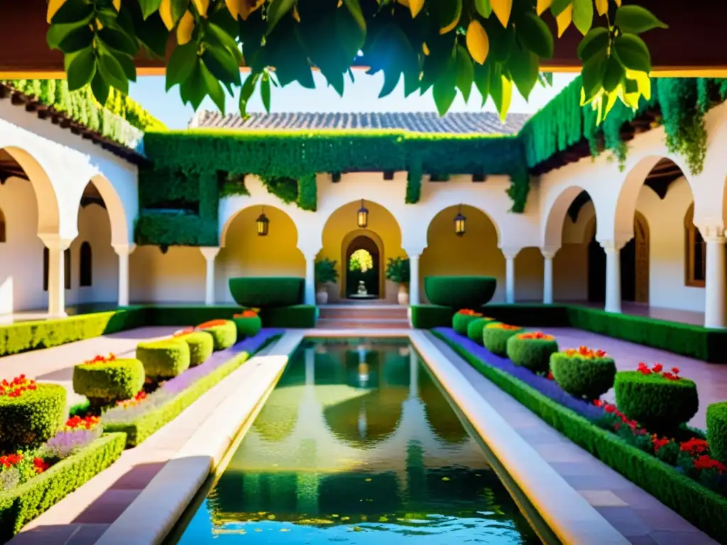 Vibrante jardín de la Generalife en Granada, con agua y flores