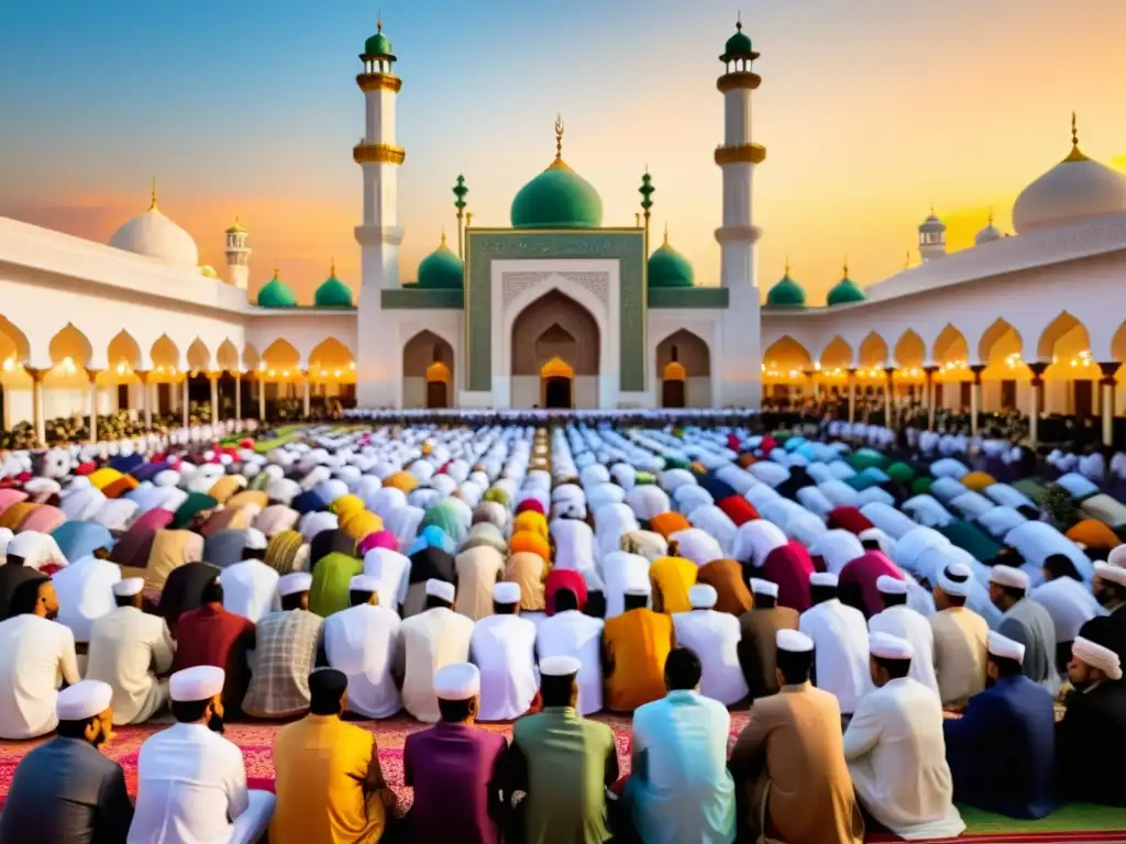 Vibrante celebración de Rabi' alAwwal en una hermosa mezquita, con adoradores, oración y festividad islámica significado