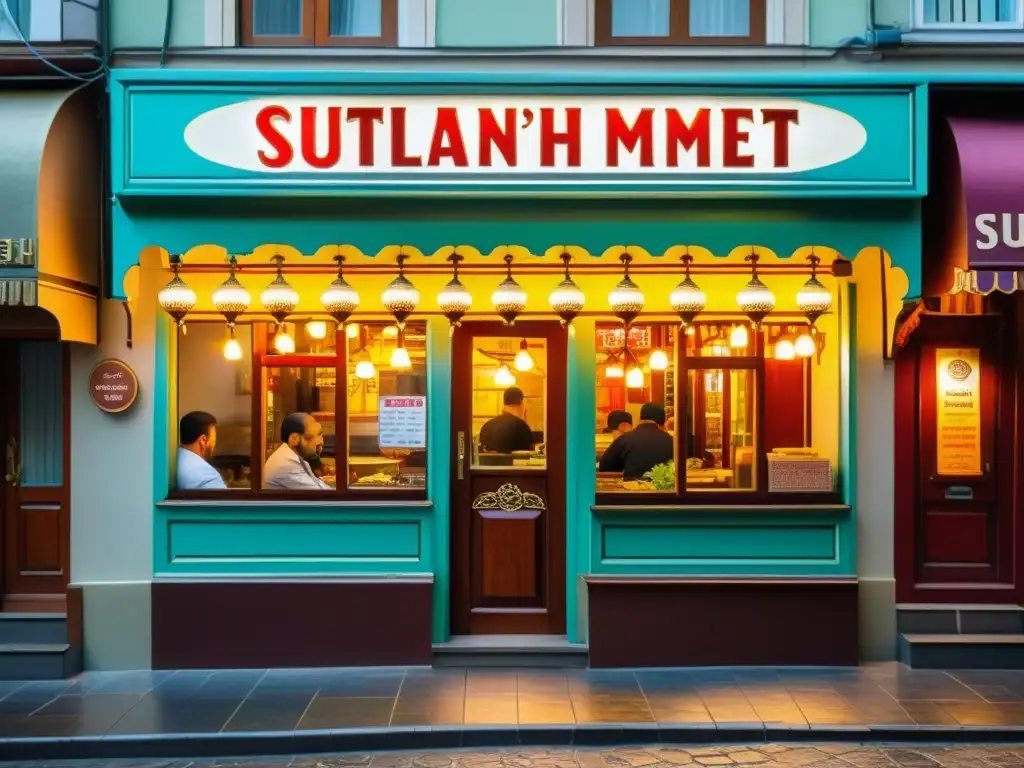 Vibrante imagen de Sultanahmet Kebab House en Estambul, resaltando su arquitectura ornamental y ambiente acogedor