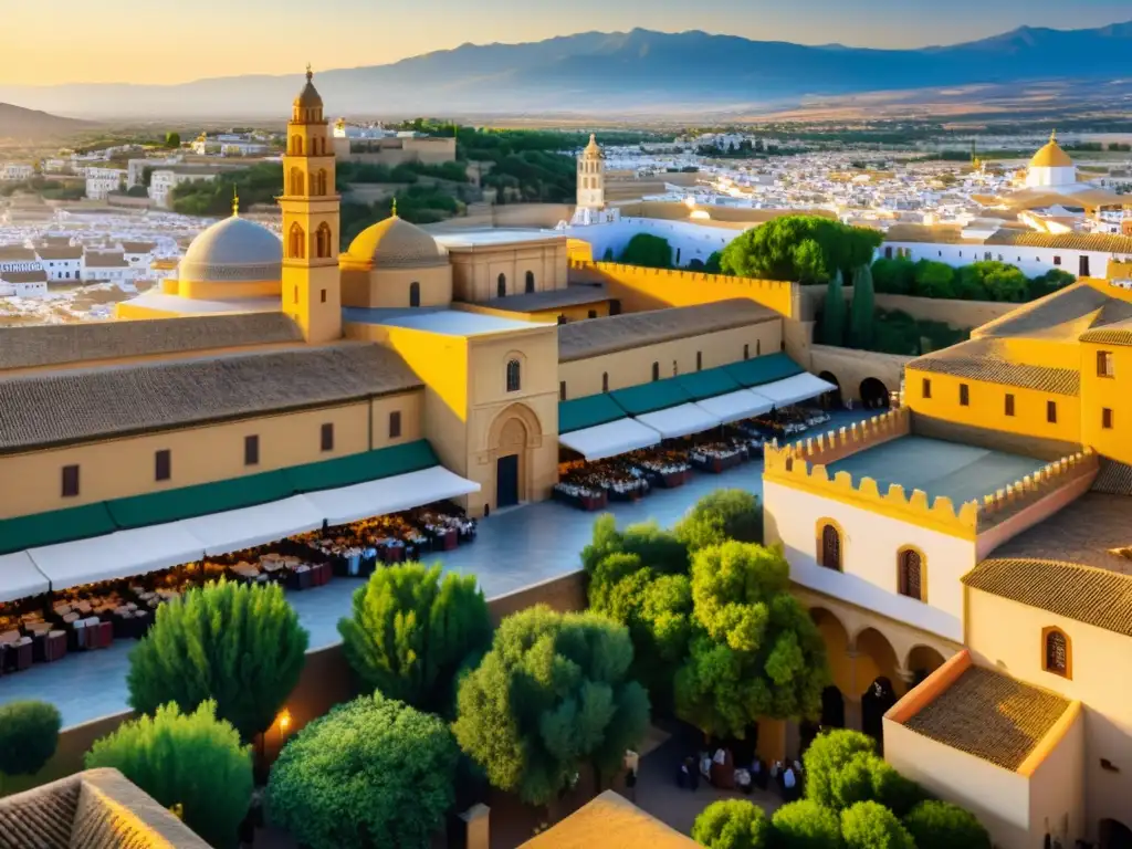 Vibrante imagen que captura la historia y arquitectura de la Gran Mezquita de Córdoba, con mercados bulliciosos y calles llenas de vida