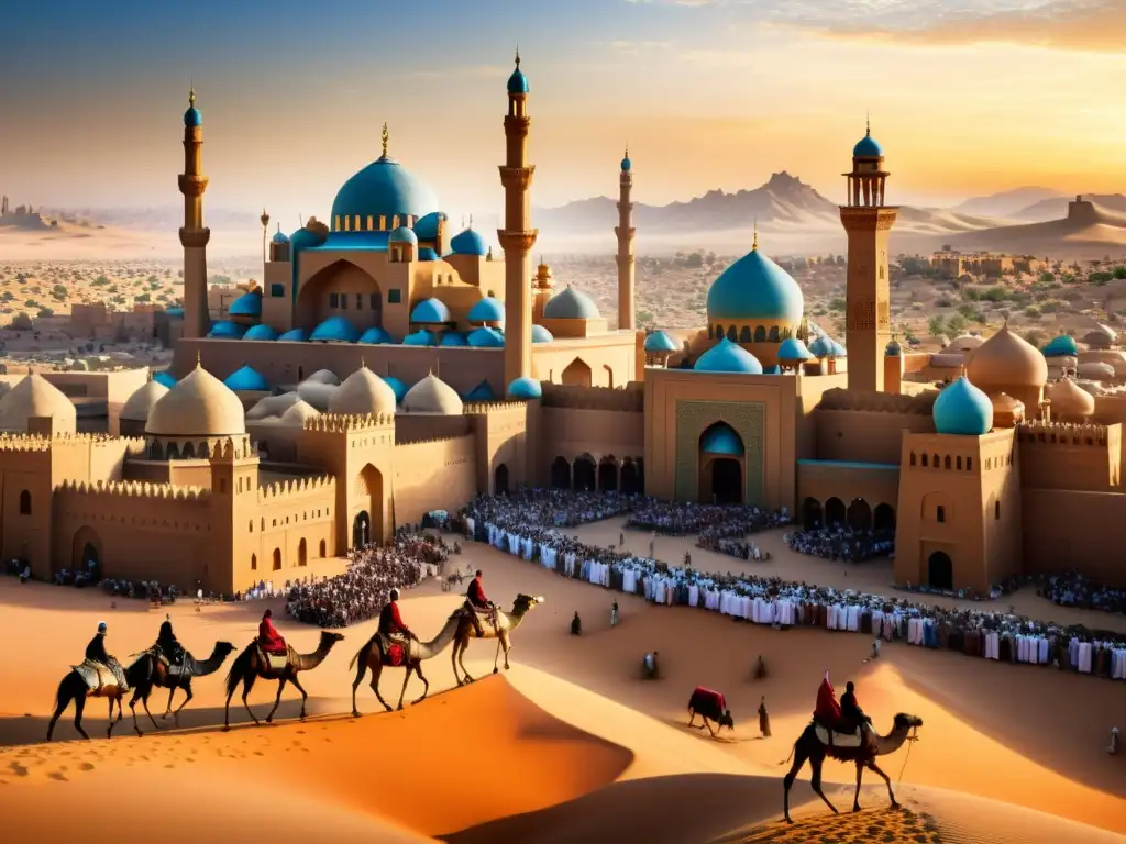 El esplendor del Imperio Islámico en el siglo VII Vibrante imagen de la expansión islámica en el siglo VII, con mercados bulliciosos, majestuosas mezquitas y caravanas de camellos en el desierto