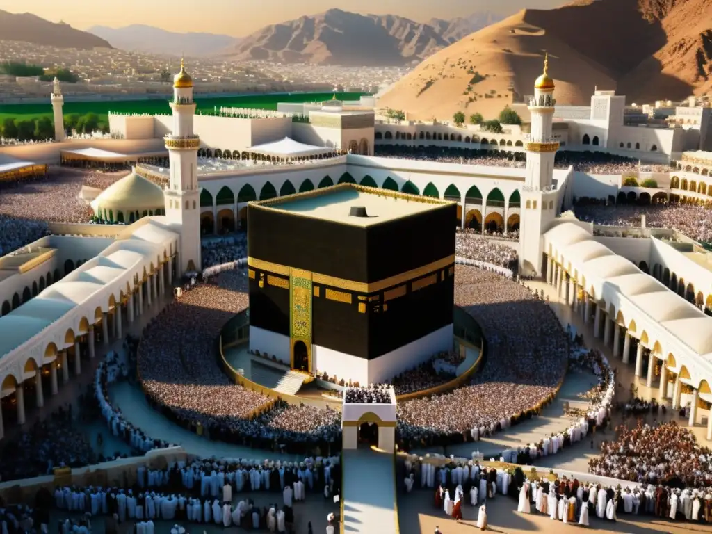 Vibrante imagen de Mecca con la Kaaba en el centro y personas realizando actividades religiosas