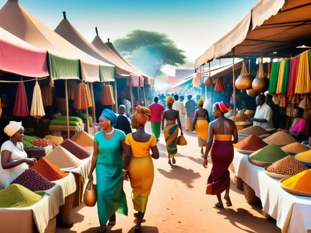 Mercado africano vibrante: colores, cultura y comunidad Una vibrante representación del Islam en el cine africano, capturando la rica diversidad cultural de un bullicioso mercado africano
