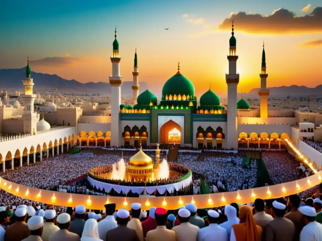 Vibrante celebración islámica de Rabi' alAwwal capturada en una imagen fotorealista, reflejando la importancia cultural e histórica del evento