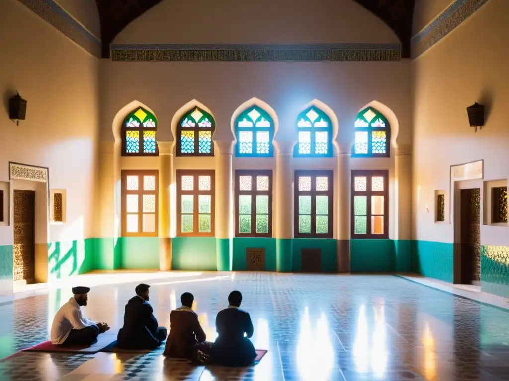 Vibrante madrasa islámica con alumnos discutiendo, arcos ornamentados y luz solar