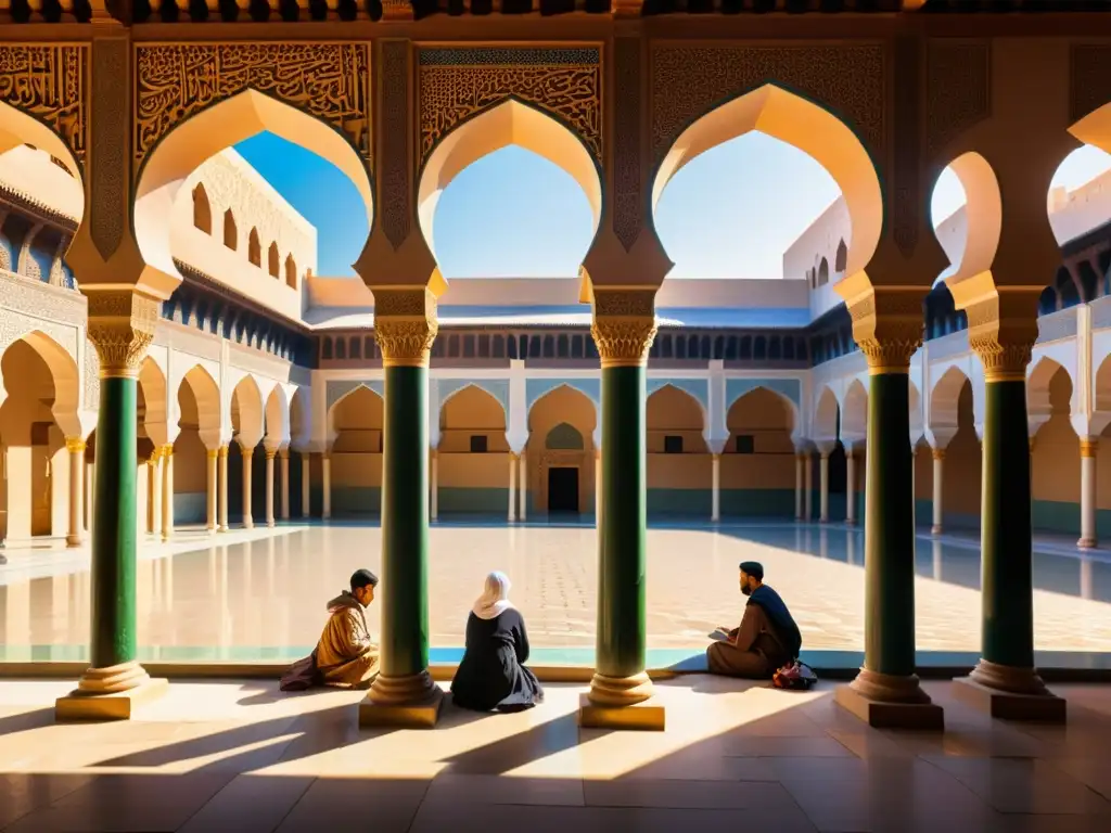 Vibrante madrasa islámica con estudiantes y arquitectura ornamental, reflejando el papel de las madrasas en sociedad islámica