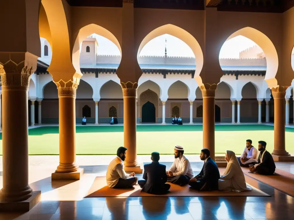 Vibrante madrasa islámica con estudiantes y profesor debatiendo bajo un arco decorado