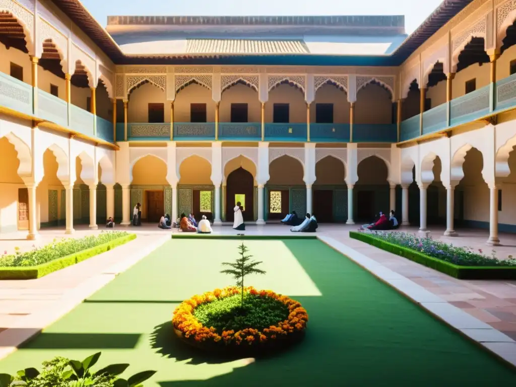 Vibrante madrasa llena de estudiantes en activo debate, rodeada de arquitectura ornamental y exuberante vegetación