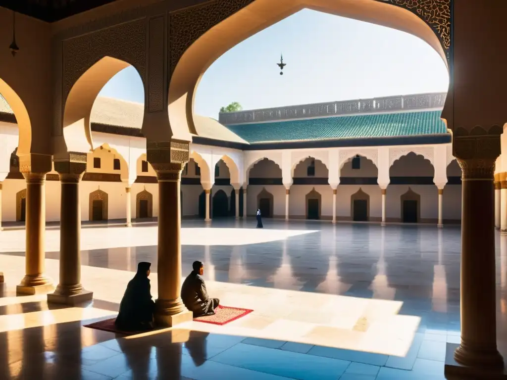 Vibrante madrasa sistema educativo islámico con alumnos debatiendo y estudiosos inmersos en lecturas, bajo arcos y luz solar