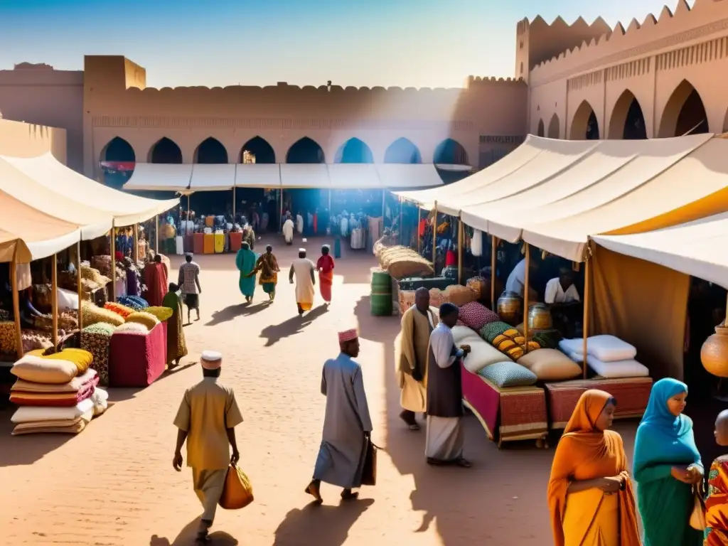 Un vibrante mercado africano con arte islámico contemporáneo, gente diversa y colores vivos