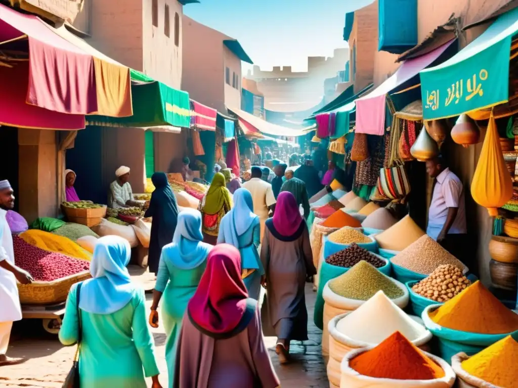 Vibrante mercado africano con identidad islámica en África subsahariana: colores, aromas y vida en las estrechas calles al atardecer