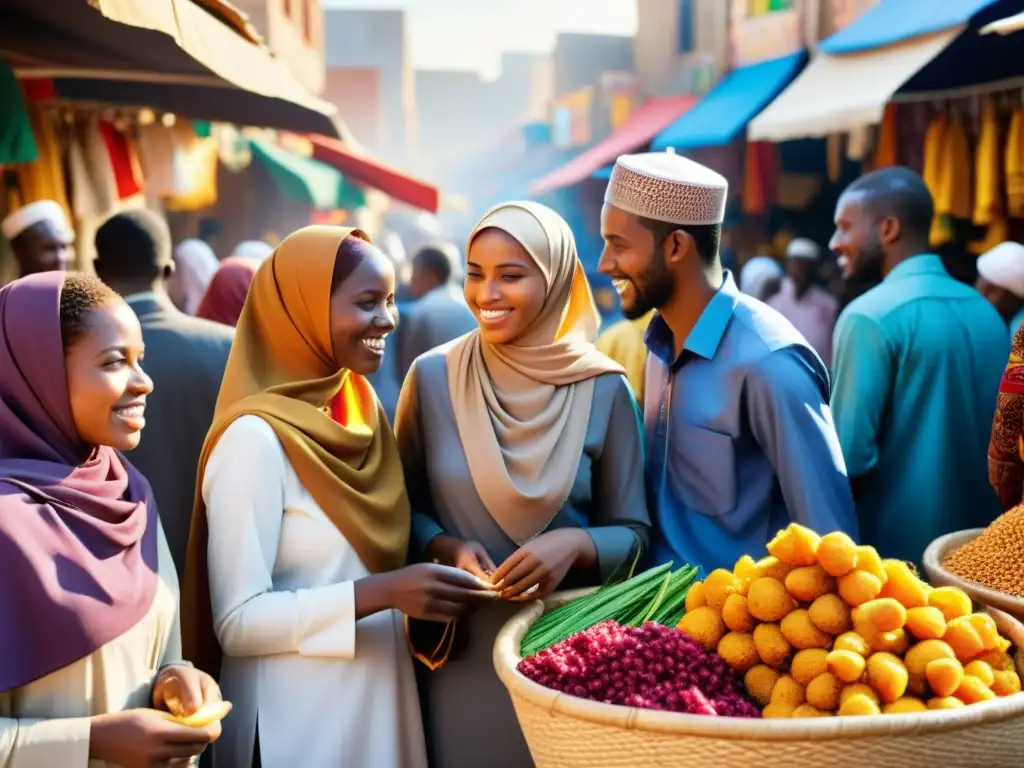 Vibrante mercado africano con jóvenes musulmanes intercambiando bienes, reflejando la energía y diversidad de la juventud islámica en África