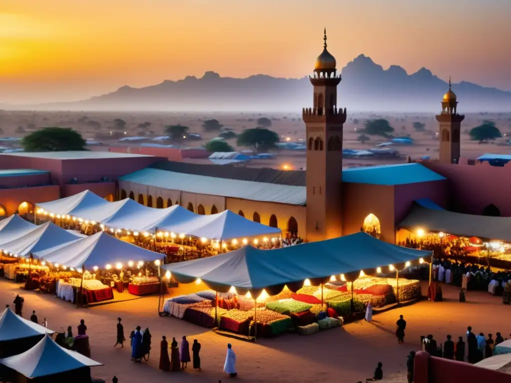 Vibrante mercado africano con mezquitas y llegada de la fe musulmana a África al atardecer