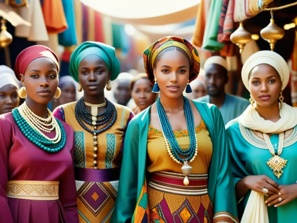 Un vibrante mercado africano muestra la moda en el Islam africano, con mujeres vestidas con colores y patrones tradicionales