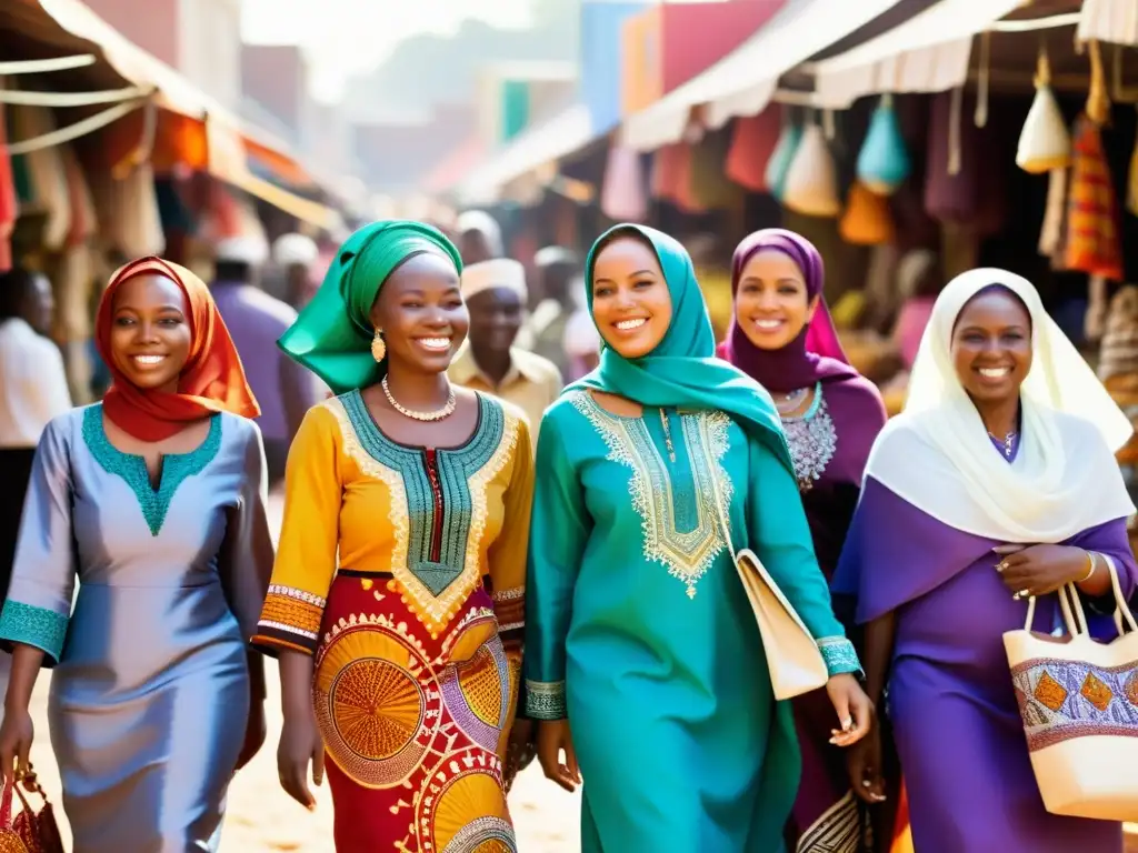 Un vibrante mercado africano donde mujeres con atuendos islámicos intercambian sonrisas, reflejando la moda en el Islam africano