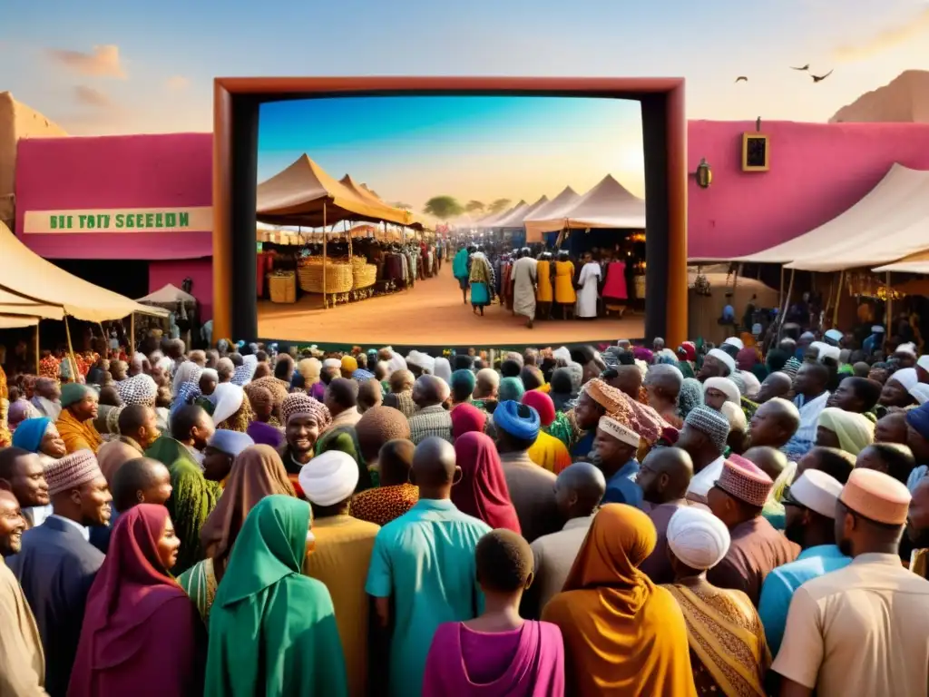 Mercado africano: escena de cine islámico Vibrante mercado africano con proyección de cine positivo sobre el Islam