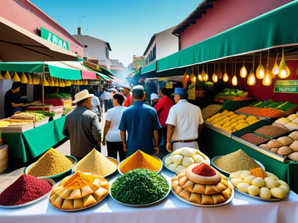 Vibrante mercado al aire libre en ciudad latinoamericana con integración gastronomía islámica