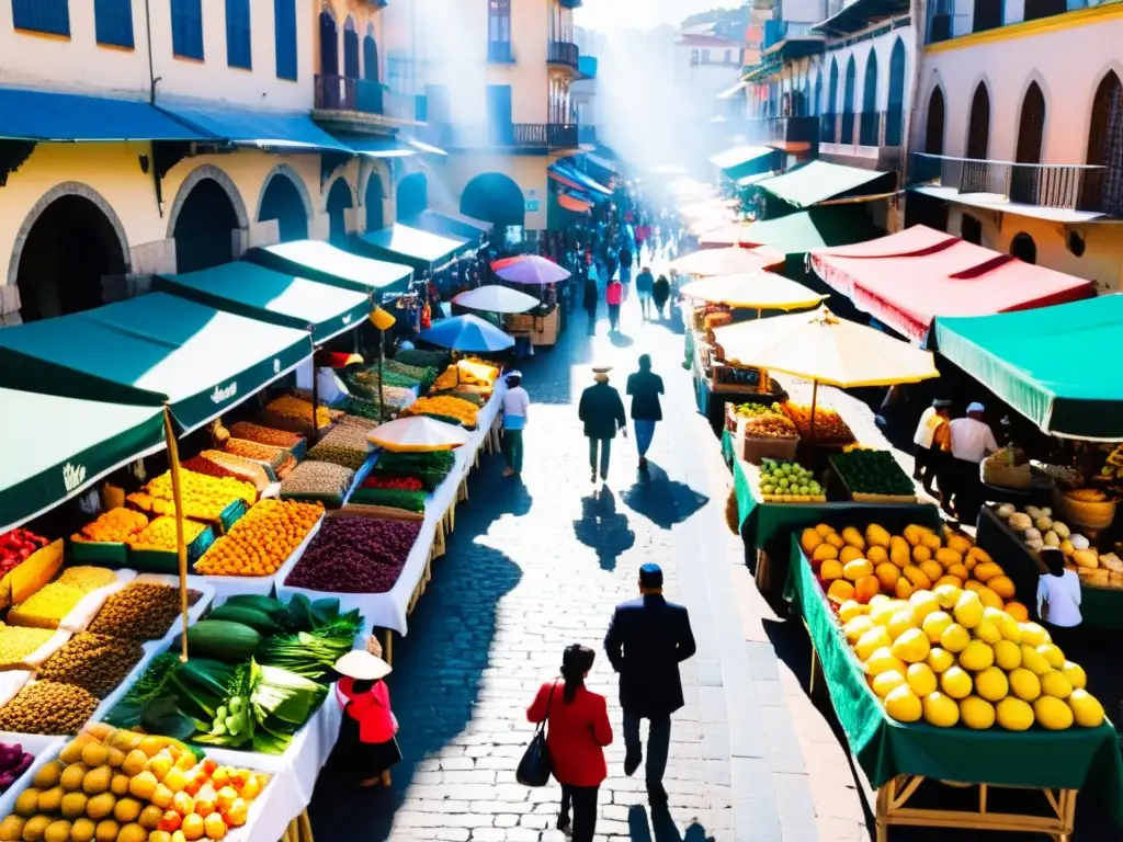 Vibrante mercado al aire libre en Latinoamérica con puestos coloridos rebosantes de frutas exóticas, especias aromáticas y productos frescos