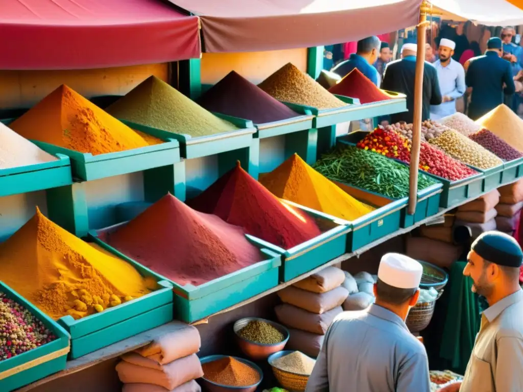 Vibrante mercado al aire libre en Marrakech, Marruecos, con puestos coloridos de especias, frutas frescas y platos Halal tradicionales