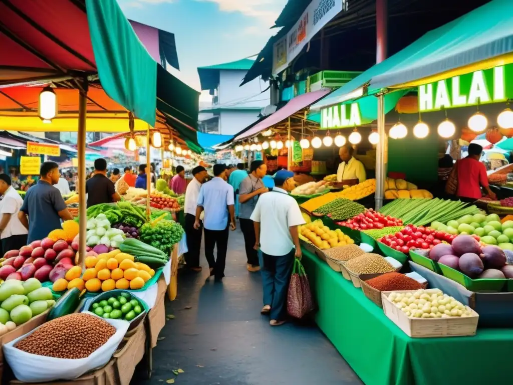 Vibrante mercado al aire libre en Kuala Lumpur con los mejores lugares de cocina halal vegetariana, lleno de coloridas paradas y gente animada