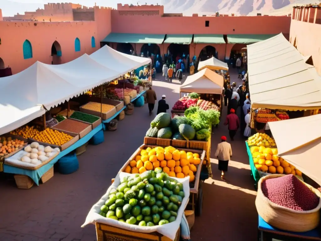 Vibrante mercado al aire libre en Marrakech, con puestos coloridos de frutas, verduras y especias