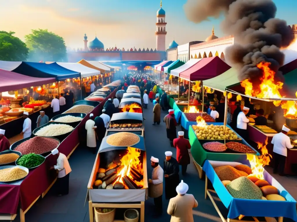 Un vibrante mercado al aire libre con propuestas innovadoras cocina islámica, colmado de colores, sabores y diversidad cultural