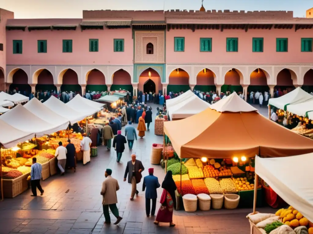 Un vibrante mercado al aire libre en Marrakech, Marruecos, muestra la rica vida cultural y comunicativa del mundo islámico