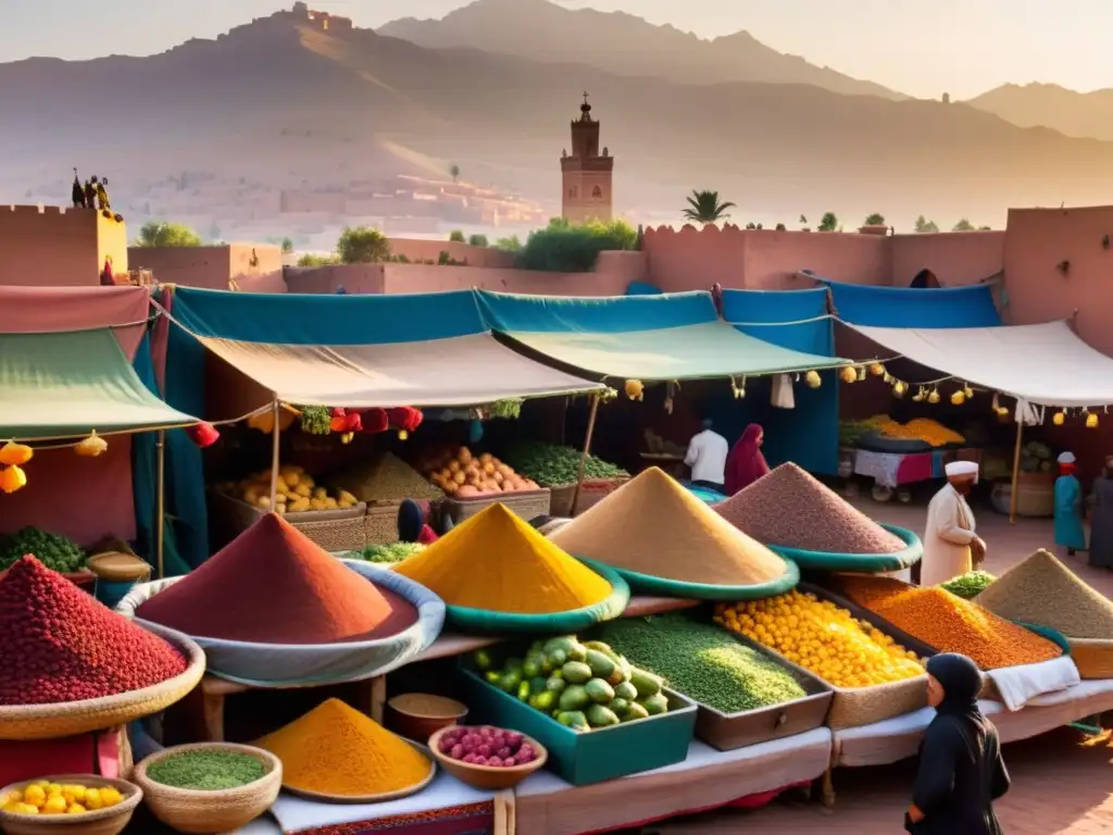 Un vibrante mercado al aire libre en Marrakech, con frutas, verduras y especias coloridas