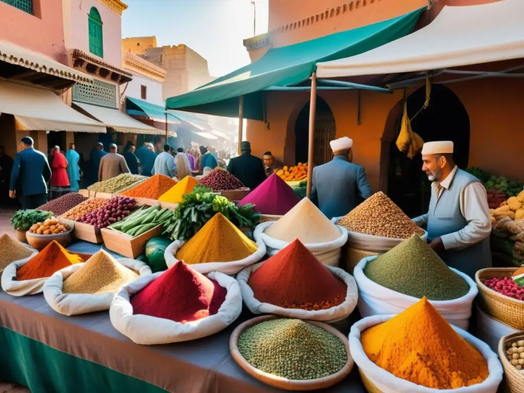 Vibrante mercado al aire libre en Marruecos con especias, frutas y verduras coloridas en exhibición