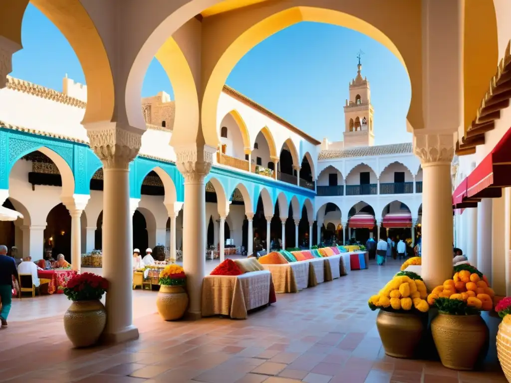 Vibrante mercado andaluz con arcos ornamentados y textiles coloridos