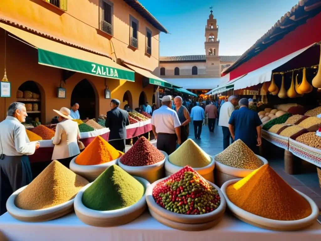 Vibrante mercado andaluz con especias, frutas y cerámica