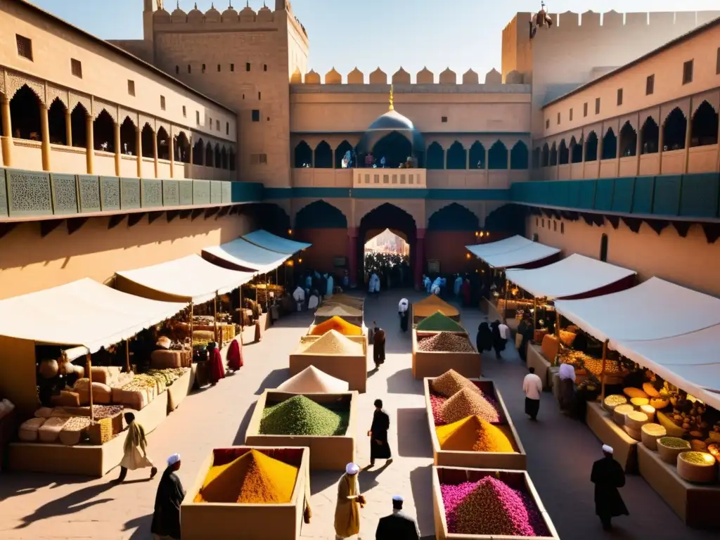 Vibrante mercado en una antigua ciudad islámica, con arquitectura intrincada, textiles coloridos y gente diversa