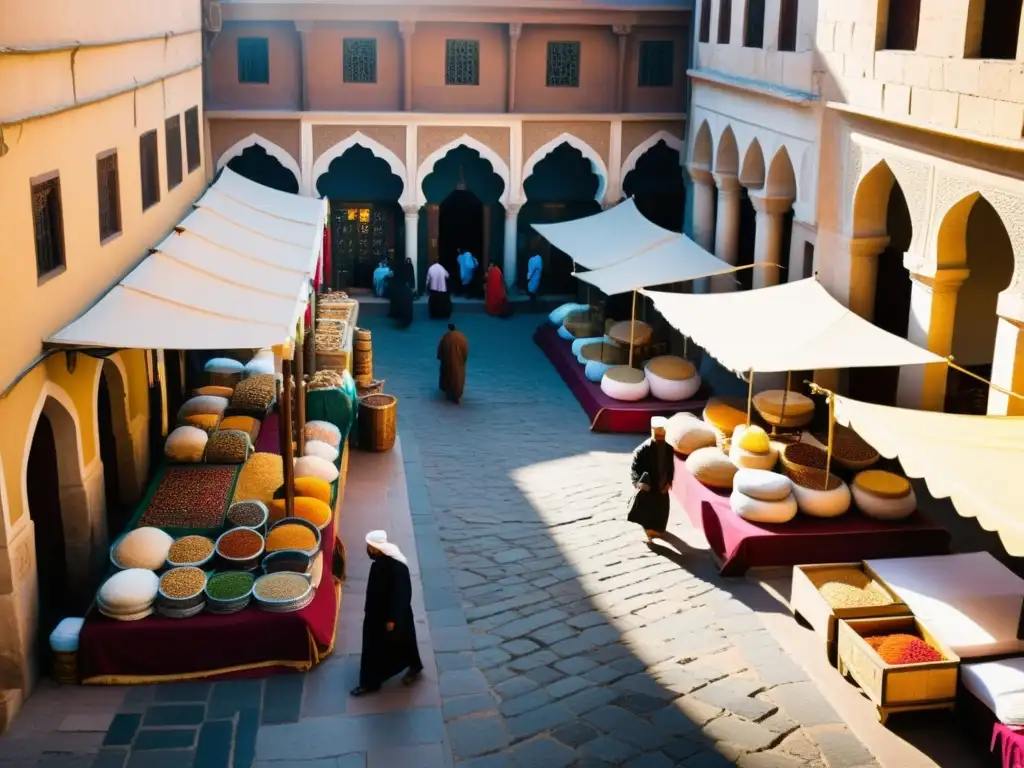 Vibrante mercado en una antigua ciudad islámica, con comerciantes y edificios decorados